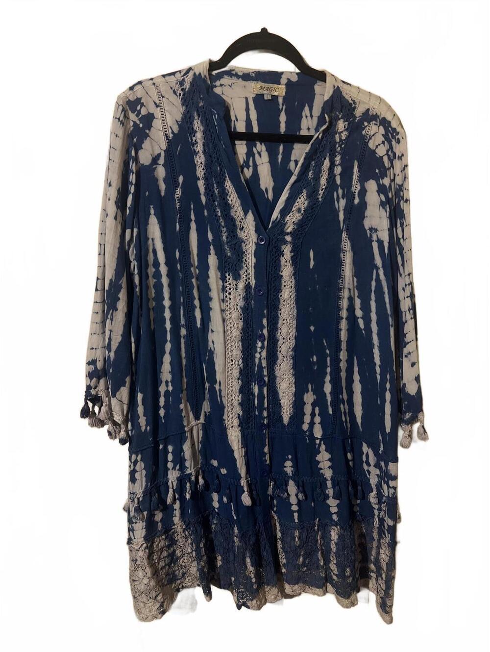 Magic Long Sleeve Tie-Dye Button-Up Dress with Crochet